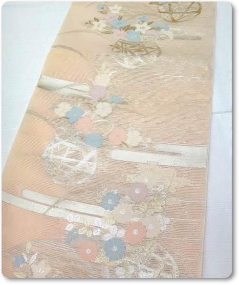 夏名古屋帯 絽 正絹 新品未仕立て 花籠 霞露芝 ピンク色