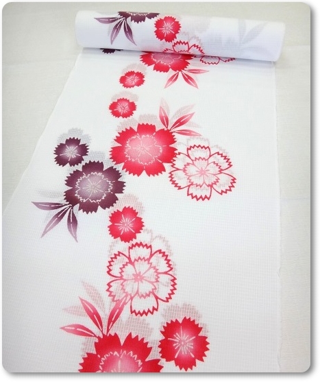 女性用浴衣反物 綿100％ 日本のなつ 浜松本染ゆかた 白地にピンク 撫子の花
