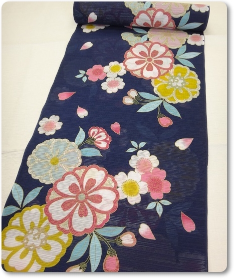 女性用浴衣反物 絽 綿100％ 京都 岡重 紺色に桜の花柄