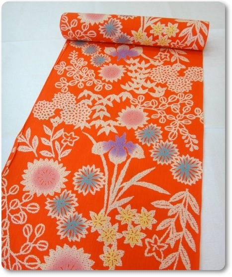 女性用浴衣反物 綿100％ 京舞 オレンジに花柄