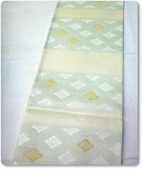 夏袋帯 絽 正絹 花菱文様 段ぼかし 白 薄グリーン