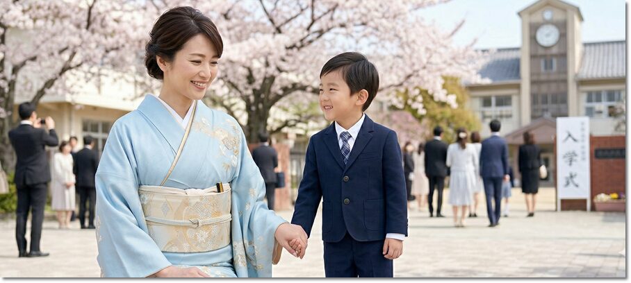 小学校の入学式に水色の訪問着を着た30代の母親